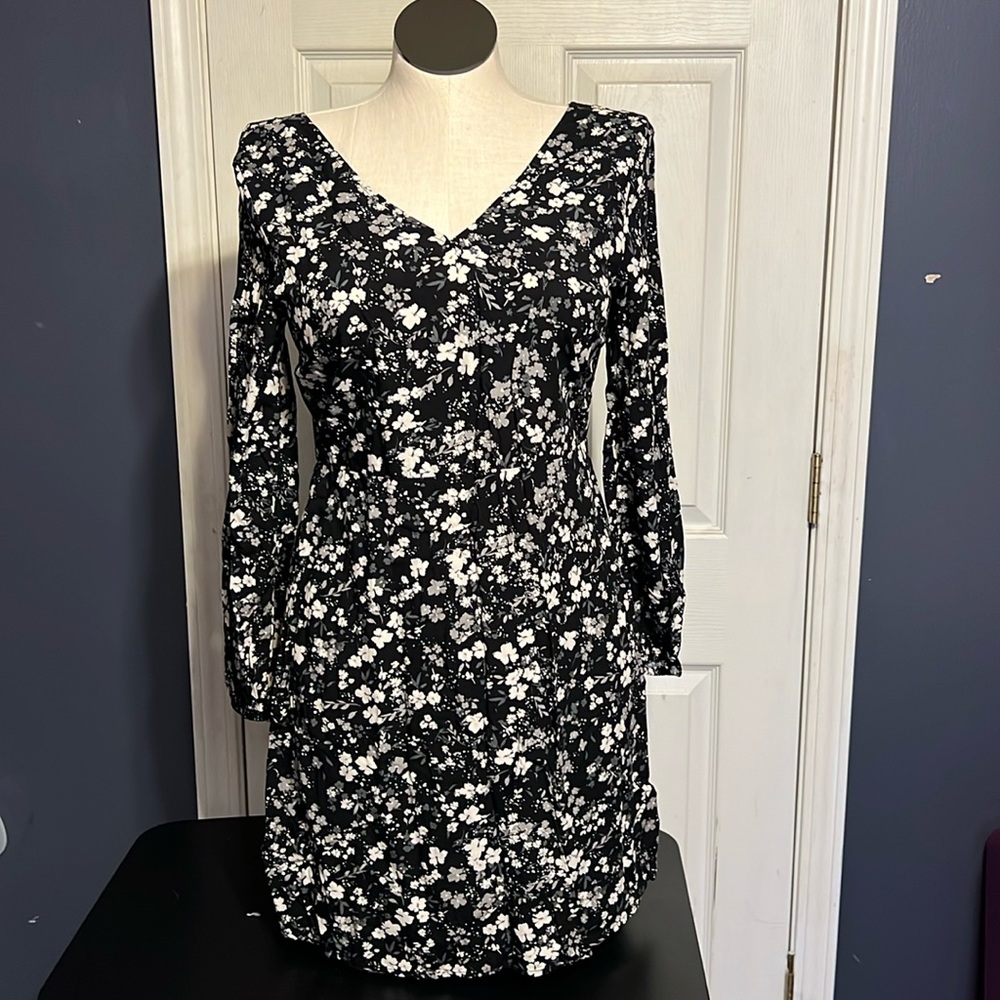 Long Sleeve Black Flowered Dress